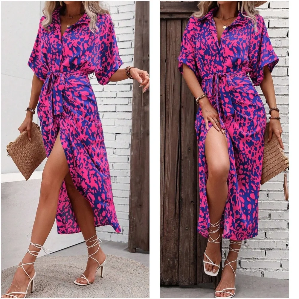 Leopard Print Button up Kimono Sleeve Shirt Dress - Picture 5 of 7